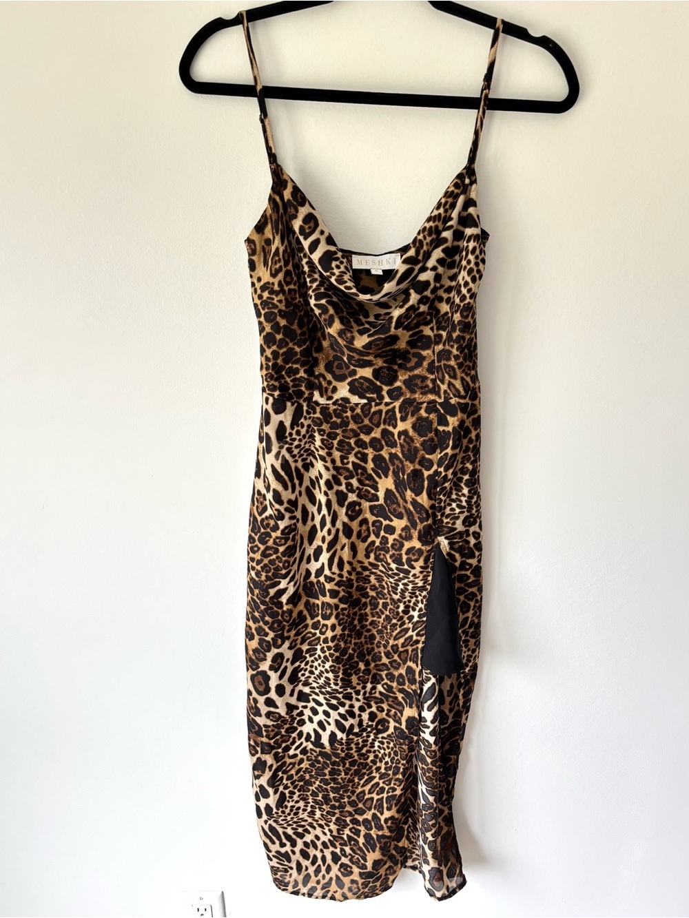 Meshki Leopard Cheetah Print Midi Slip Dress Cowl Neck Party Event Cocktail